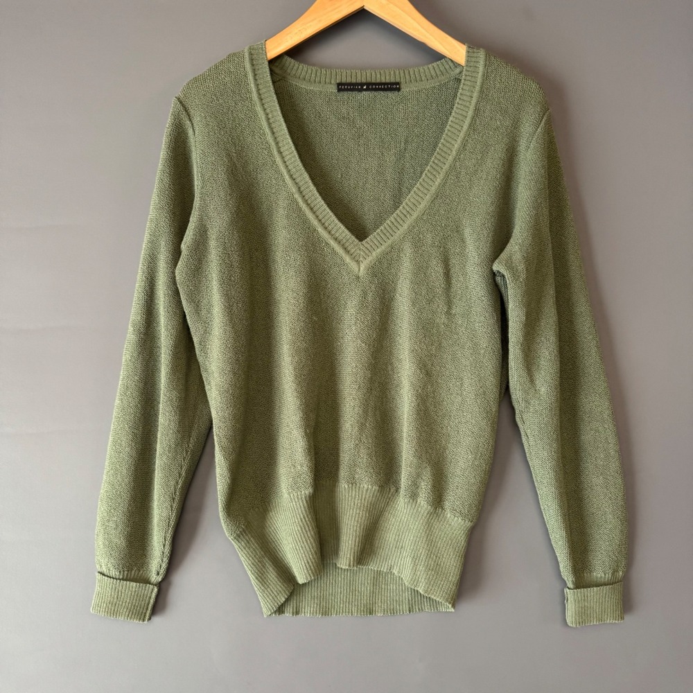 Peruvian Connection Womens V Neck Sweater Ribbed Knit Pullover Sage Green Med